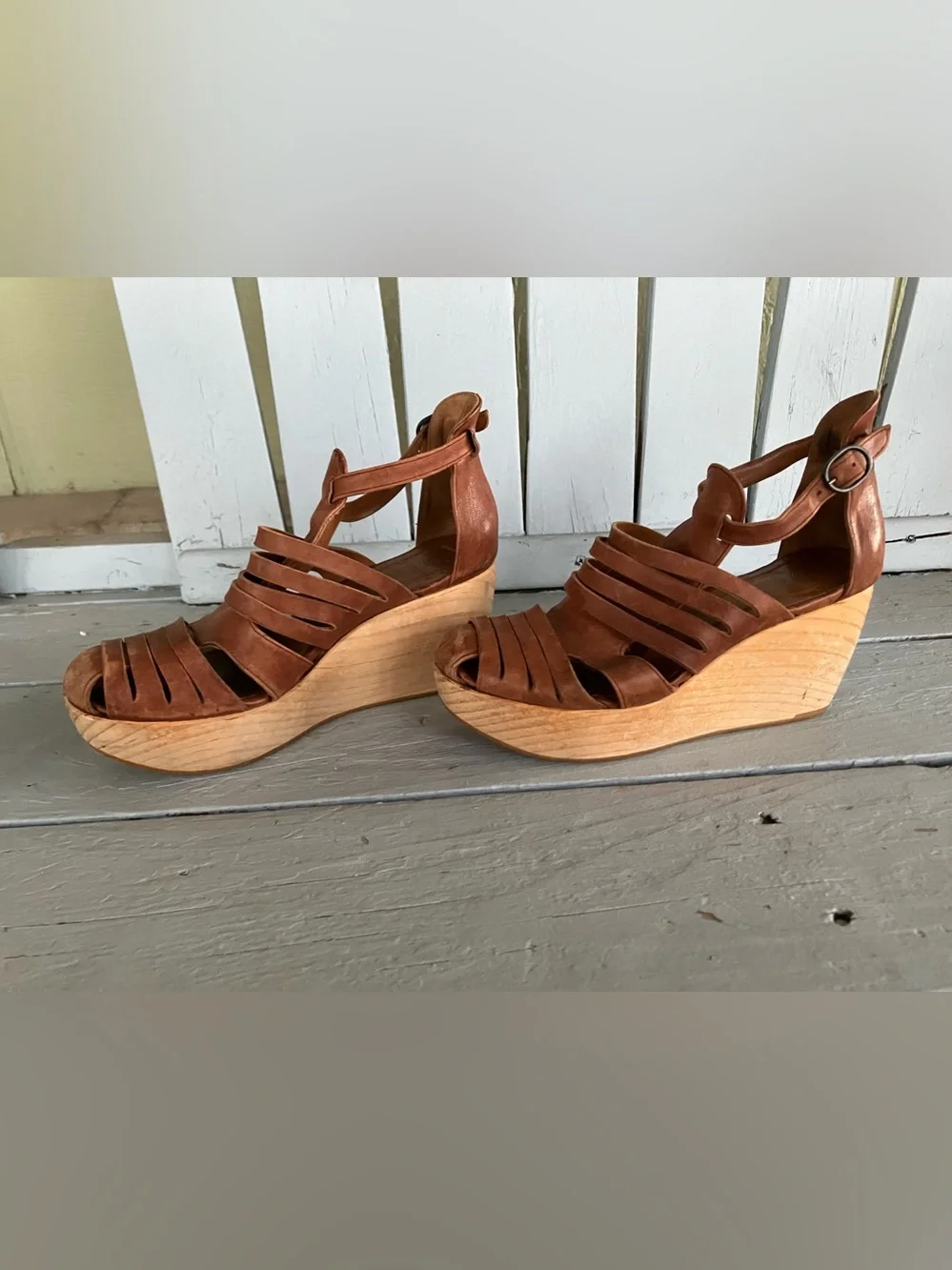 COCLICO Soft Brown Leather Strappy Wedge Sandals Wood Clog